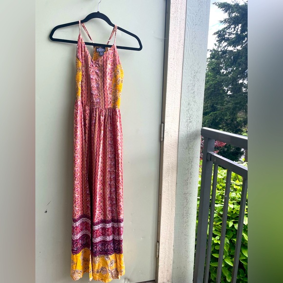 Angie Boho Mixed Print Maxi Dress. Adjustable Straps Ruched Back. Side Slits SM - Picture 3 of 13